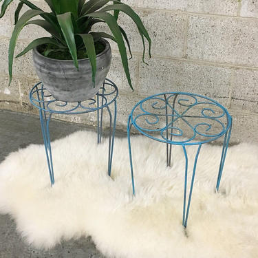 Vintage Plant Stands Retro 1970's Set of 2 Matching + Blue Painted + Metal Frame + Plant Stand Set + Patio + Porch + Garden + Home Decor 