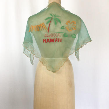 Vintage 50s Scarf | Vintage chiffon Hawaii head scarf | 1950s Aloha tropical theme triangular scarf 