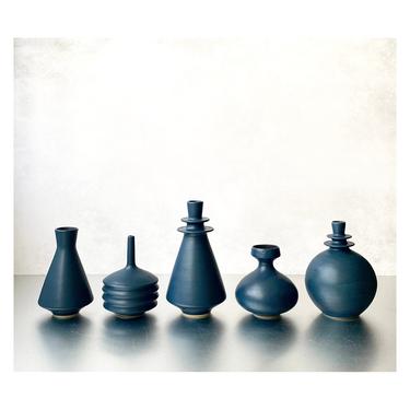 Teal Blue Mini Vase - Tiny Flower Bud Vase Indigo Blue - Geometric Minimalist Handmade Ceramic Stoneware Tiny Vase by Sara Paloma Pottery. 