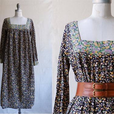 Vintage Cacharel Floral Smock Dress with Patch Pockets/ Liberty Cotton Square Neck Long Sleeve Dress/ Size Medium Large 