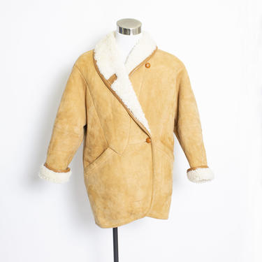 Vintage Mens SHEARLING Coat 1970s Tan Suede Fur Winter Long Jacket Large 