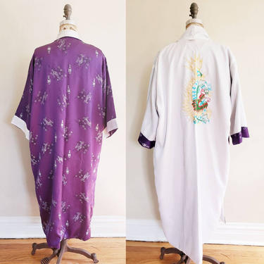 Vintage Chinese Reversible Robe Purple Floral Print Embroidered Multicolored Dragon / Large 