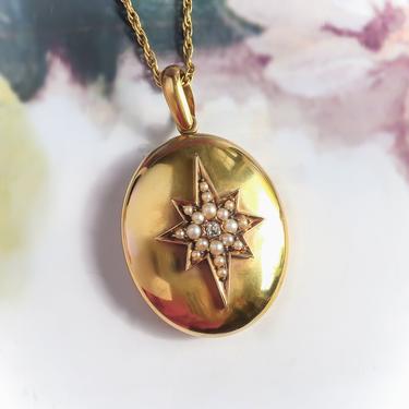 Antique Victorian North Star Pearl and Diamond Large Locket 18K 