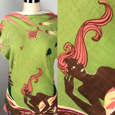 Vintage 1940s 1950s Novelty Mermaid Print Summer Top Blouse Shirt 