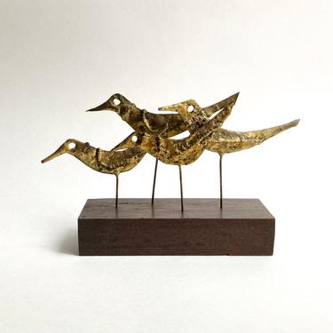 Modernist Torch Cut Gilt Steel Birds / Seagulls Sculpture, 1960s Vintage MCM 