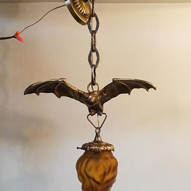 Vintage Cast Brass Die Fledermaus Pendant Light with Frosted Amber Glass Torchiere Shade