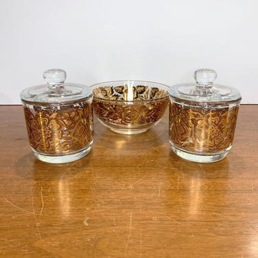 Vintage Georges Briard Gold Floral Condiment Jars and Nut Bowl 
