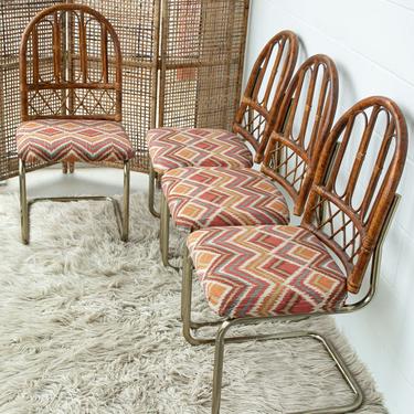 Set of 4 Vintage Cantilever Chairs with Decorative Bamboo Backs and Desert Color Upholstered Seats and Gold Flashed Base 