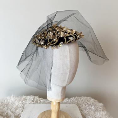 1950’s Beaded Sequin Tulle Hat | 1950’s Tulle Veil Hat | 1950’s Velvet Capulet 