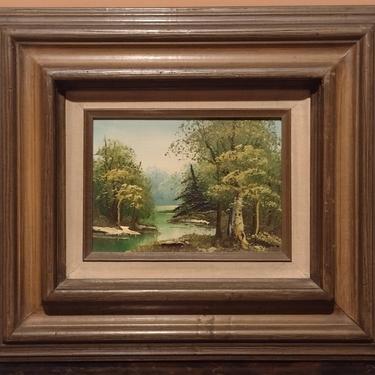 Vintage Signed Oil Painting Woodland Forest Waterscape Naturalist Scene 14x12 