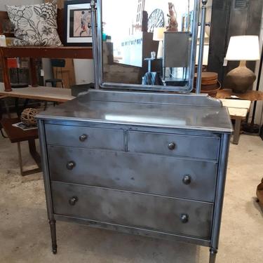 Vintage industrial stripped steel chest of drawers with mirror by the Simmons Co 