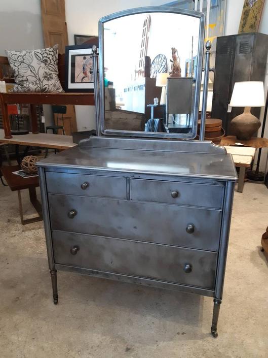 Vintage Industrial Stripped Steel Chest, 1930 Simmons Metal Dresser With Mirror
