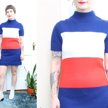 Vintage 70's Soft Acrylic Sweater Dress / 1970's French Red White and Blue Mini Dress / Mock Neck Dress / Women's Size XS - Small by Ru