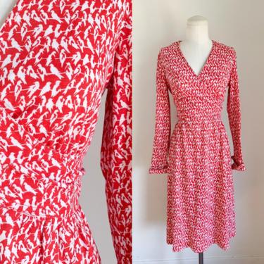 Vintage 1980s Red Bird Novelty Print Wrap Front Dress / M 