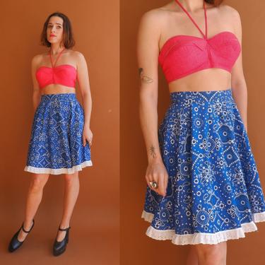 Vintage 60s Western Circle Skirt/ 1960s Blue Bandana Print Mini Skirt/ Size XS 25 
