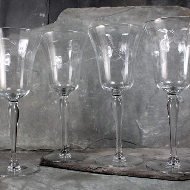 Set of 4 Etched Glass Red Wine Glasses - Vintage Wine Glasses - Etched Floral Design | FREE SHIPPING 
