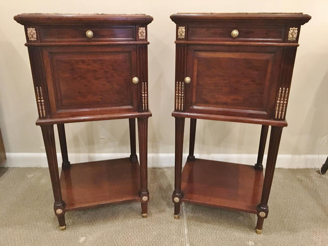 Pair French Louis XVI mahogany nightstands with marble top.  c. 1890  origin &amp;#39; France&amp;#39; 