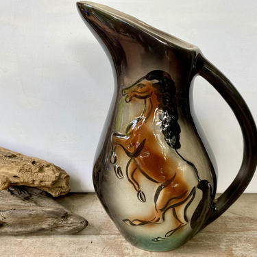 Retro Horton Ceramics Horse Pitcher, The Mustang, Stallion, Rearing Horse, Black Brown Teal, Southwestern, Horse Lovers 