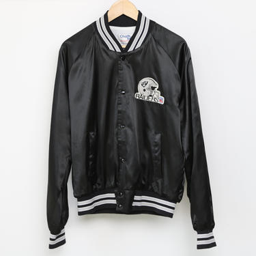 vintage 1980's Oakland RAIDERS black satin STARTER style Chalk Line brand jacket made in USA - Men's Size Large 