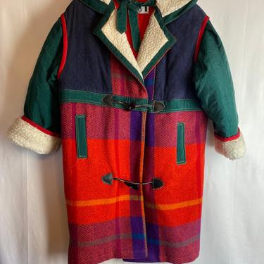 Colorful Patchwork Sherpa wooly coat~ hooded warm ~rainbow of colors~ vintage Girls or unisex preppy hipster coat~ size 8-10 youth 