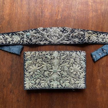 Vintage Black Evening Bag with Metal Floral Embroidery with Matching Belt 1960’s Handmade in India 
