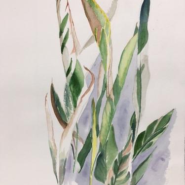 Mid Century Modern leafy vertical watercolor by Viola Sobol unframed 