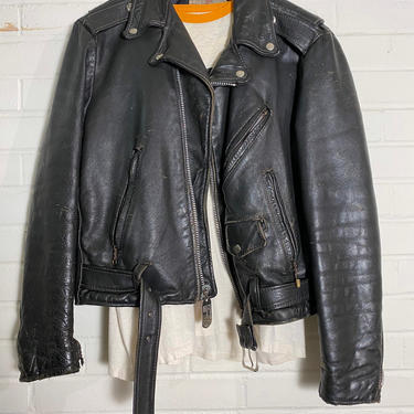 50s 60s Distressed Black Leather Quilted Moto Jacket with Dog Tags / Excelled USA Made Punk Rock Biker Jacket / Size 42 