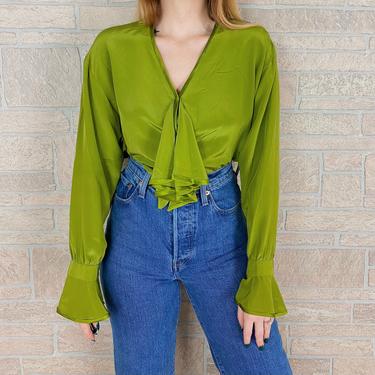 Pure Silk Chartreuse Vintage Chic Ruffle Blouse 