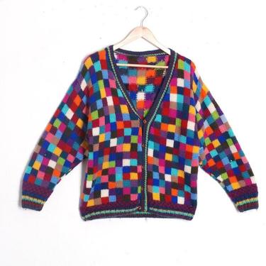 Vintage OOAK Handmade Wool Knit Tetris Patchwork Cardigan Size Large by 40KorLess