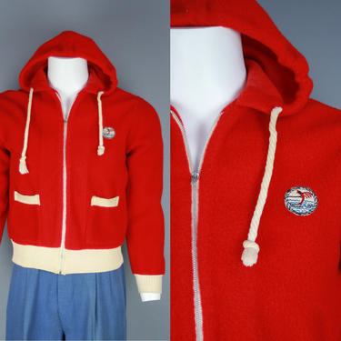 1940s CATALINA Hoodie | Vintage 40s Men's Red &amp; White Hooded Jacket with Zip Front | Small 