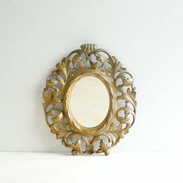 Vintage Brass Wall Mirror, Small Gold Oval Mirror, Antique Gold Mirror, Rococo Brass Mirror 