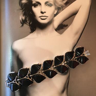 thermoset bracelet, 1960s bracelet, vintage 60s bracelet, black and silver, chunky bracelet, petal bracelet, costume jewelry, mid century 