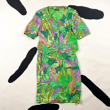 80s / 90s Louis Feraud Garden Print Skirt Suit Set / Shoulder Pads / Silk / Size 10 / Pencil Skirt / Abstract Print / Short Sleeve Blazer / 
