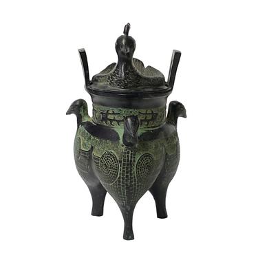 Chinese Green Black Ancient Ding Shape Incense Holder Display ws1453E 