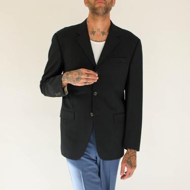 Vintage 90s Y2K PRADA Milano Black Wool Gabardine Three Button Blazer | Made in Italy | Size USA 40 Euro 50 | 1990s 2000s Designer Jacket 