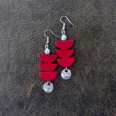Long red wood earrings, Afrocentric earrings, mid century modern earrings, African earrings, bold statement, unique pagoda earrings 