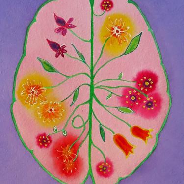 Beautiful Garden Brain -  original watercolor painting of brain - neuroscience art 