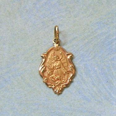 Vintage 18K Gold Religious Medal Pendant, Religious Medal With Angel and/or Mary, 18K Gold Religious Pendant (#3916) 