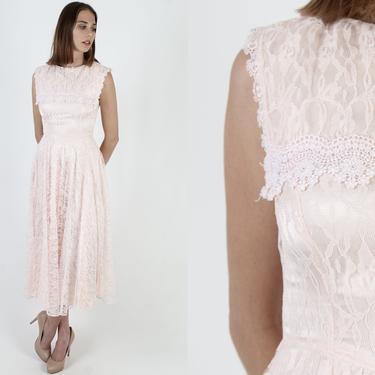 Vintage 80s Light Pink Satin Dress / Plain White Lace Deco Lawn Dress / 1980s Simple Romantic Floral Crochet Collar Maxi Dress 