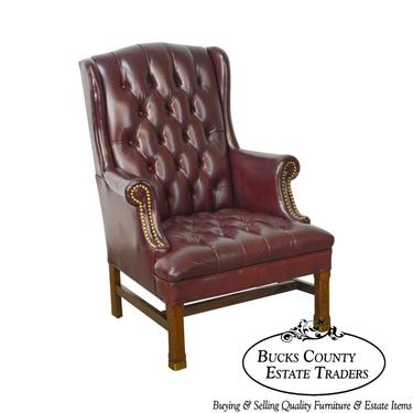 Chippendale Style Tufted Oxblood Leather Wing Chair by Hickory 