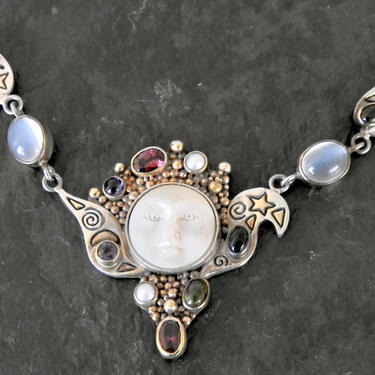 Vintage Moonstone, Garnet, Sterling, Goddess Necklace with Multi Stones 