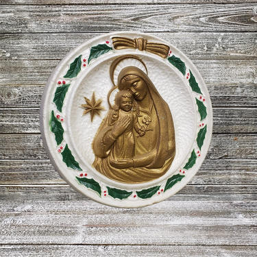 Vintage Virgin Mary & Baby Jesus Styrofoam Wall Hanging, Holly and Leaves, Holiday Nostalgia, Mid Century Modern Christmas, Vintage Holidays 
