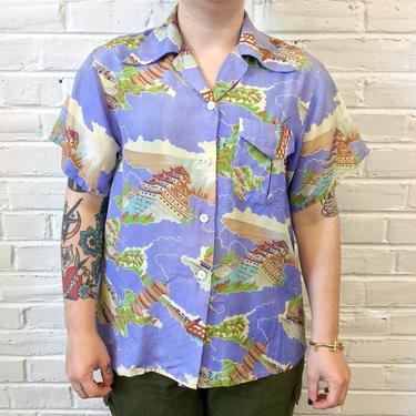 Women’s L/XL Vintage 1940s Silk Hawaiian Shirt with Asian Motif by Sun Bros. Co of Yokohama Japan 