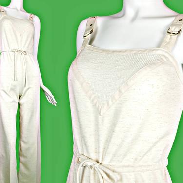 1970s overall jumpsuit. Vintage drawstring waist bell bottoms. Speckled cream beige poly/silk blend. By Jerell. 
