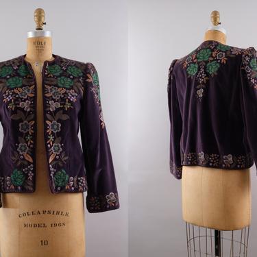 Oscar De La Renta Vintage 80s Purple Velvet Embroidered Jacket Size 8 