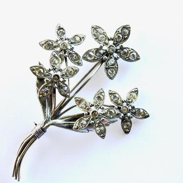 Mid Century Clear Rhinestone Silver tone Flower Brooch 