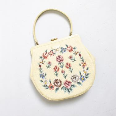 Vintage 1960s Purse Needlepoint Floral Bag Large Handbag 50s 