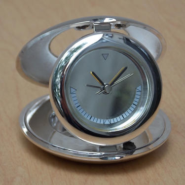 Round Chrome Folding Alarm Clock from Dromoland Castle, Mirrored Face 