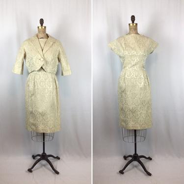 Vintage 50s dress | Vintage cream damask wiggle dress suit | 1950s Caro Craig cocktail party dress 