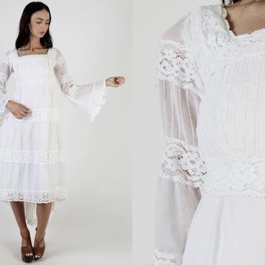 White Mexican Wedding Dress / Wide Fan Angel Sleeve Dress / Tiered High Lo Lace Hemline  / Solid Floral Asymmetrical Womens Dress 